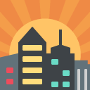 sunset over buildings emoji details, uses